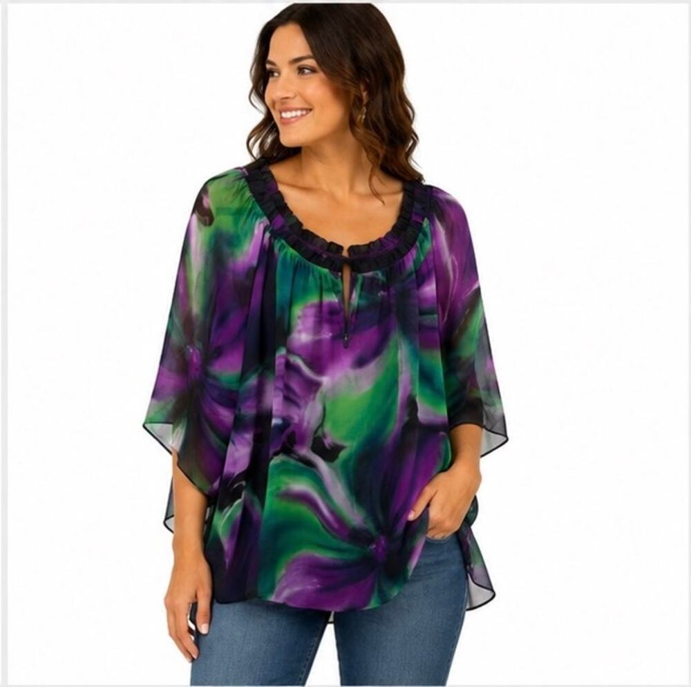 Robin K Women's 2XL Abstract Print Tunic Top Purple Green Black